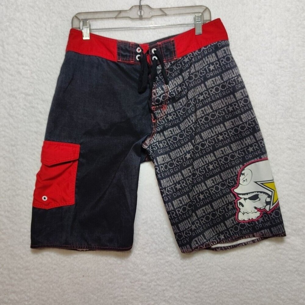 Metal Mulisha Rockstar Energy Shorts Men's 31 Black Gray Skull Swim Trunks